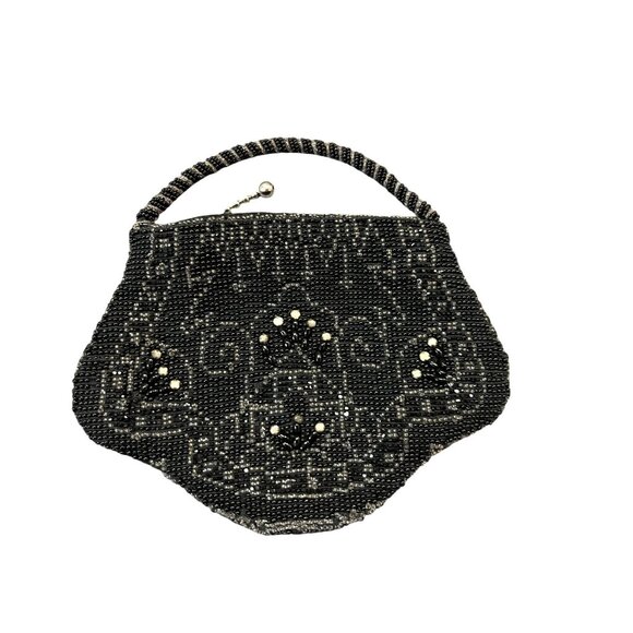 Vintage Black Beaded Evening Purse Tan/Silver Rhinestone Accents Tiny Used - Picture 1 of 12